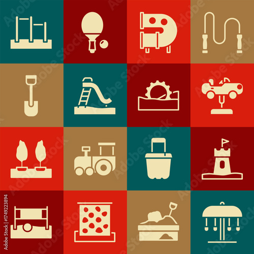 Set Attraction carousel, Sand tower, Swing, Kid playground slide pipe, Shovel toy, Horizontal bar and Ferris wheel icon. Vector