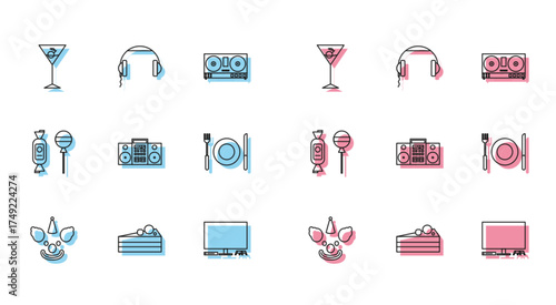 Set line Clown head, Cake, Martini glass, Video game console, Home stereo with two speakers, Plate, fork and knife, Lollipop and Headphones icon. Vector