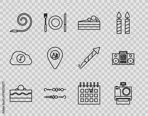 Set line Cake, Photo camera, Grilled shish kebab, Birthday party horn, Alcohol beer bar location, Detailed calendar and Home stereo with two speakers icon. Vector