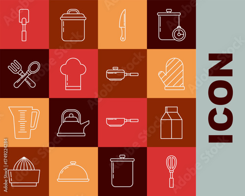 Set line Kitchen whisk, Paper package for milk, Oven glove, Knife, Chef hat, Crossed fork and spoon, Spatula and Frying pan icon. Vector