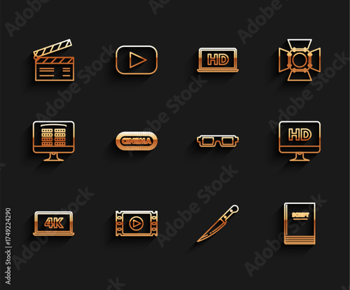 Set line Laptop screen with 4k video technology, Play Video, Movie clapper, Knife, Scenario, Cinema poster design template, Computer PC monitor HD and 3D cinema glasses icon. Vector