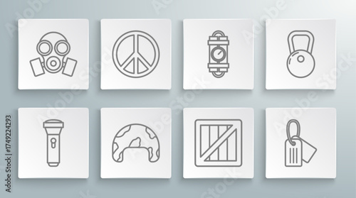 Set line Flashlight, Peace, Military helmet, ammunition box, dog tag, Detonate dynamite bomb stick and timer clock, Kettlebell and Gas mask icon. Vector
