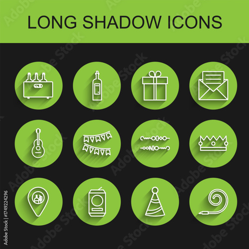 Set line Alcohol or beer bar location, Beer can, Bottles of wine in wooden box, Party hat, Birthday party horn, Carnival garland with flags, Crown and Grilled shish kebab icon. Vector