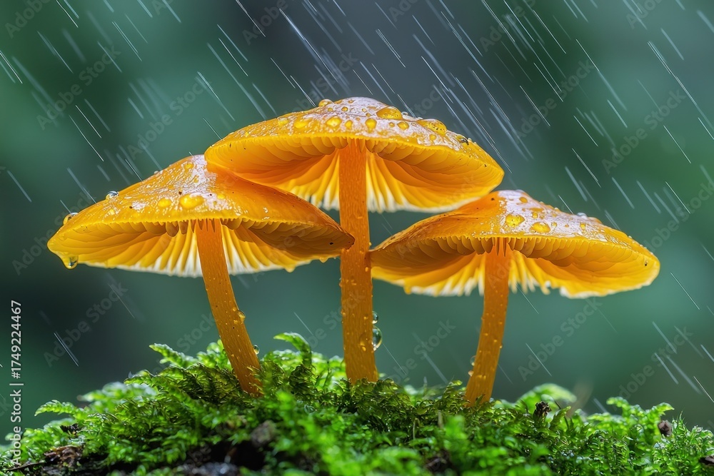 Fototapeta premium Three vibrant orange mushrooms grow from mossy patch, drizzled with rain