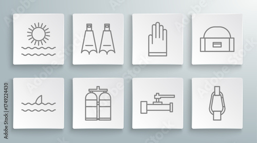 Set line Shark fin in ocean wave, Rubber flippers for swimming, Aqualung, Industry metallic pipes and valve, Carabiner, Gloves, Case box container wobbler and Sun waves icon. Vector