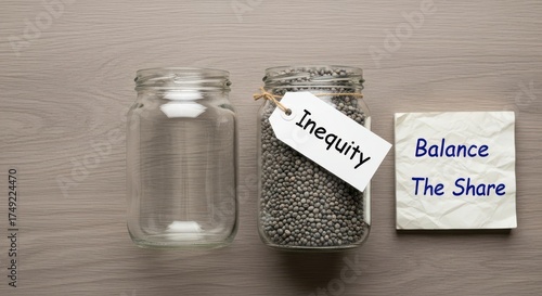 Empty Jar Beside a Jar Filled with Seeds and Inequity Label