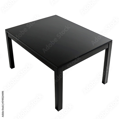 Simple, black rectangular table with a glossy surface, four legs on a black background