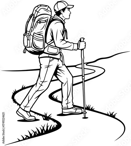 Adventurous hiker trekking winding trail with backpack and pole for outdoor fitness