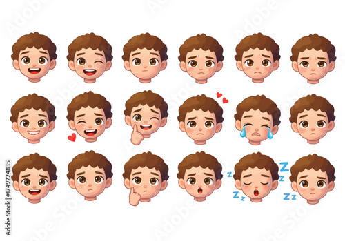 Set of a cute cartoon boys head with various facial expressions.