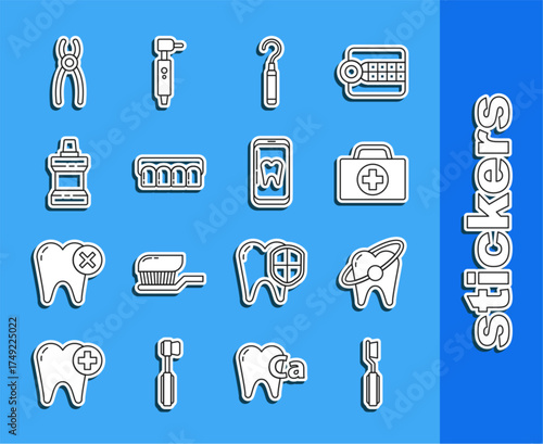 Set line Toothbrush, whitening concept, First aid kit, Dental explorer scaler for teeth, Dentures model, Mouthwash plastic bottle, pliers and Online dental care icon. Vector