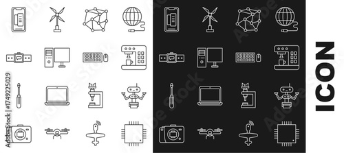 Set line Processor with microcircuits CPU, Robot, Coffee machine, Neural network, Computer monitor, Smartwatch, Smartphone, mobile phone and Keyboard and mouse icon. Vector