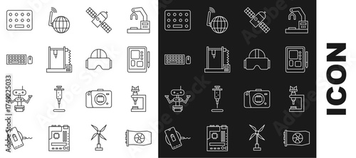 Set line Video graphic card, Microscope, Graphic tablet, Satellite, 3D printer, Keyboard and mouse, Pills blister pack and Virtual reality glasses icon. Vector