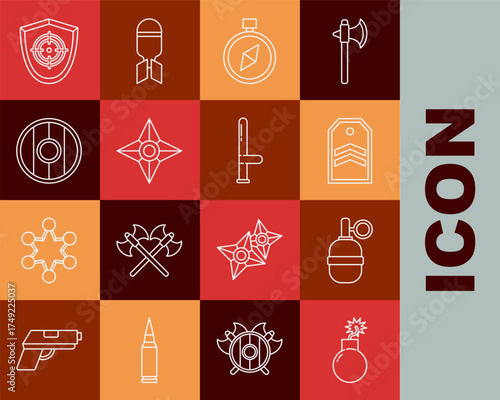 Set line Bomb ready to explode, Hand grenade, Chevron, Compass, Japanese ninja shuriken, Round wooden shield, Target sport and Police rubber baton icon. Vector
