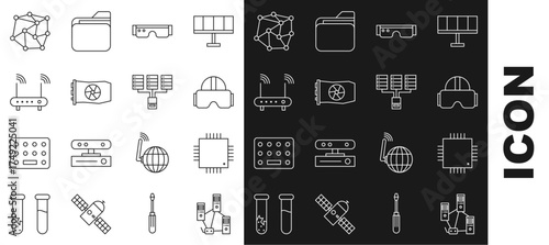 Set line Computer network, Processor with microcircuits CPU, Virtual reality glasses, Smart, Video graphic card, Router and wi-fi signal, Neural and Server, Data, Web Hosting icon. Vector
