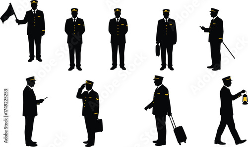 Train conductor silhouettes in uniform with flag, lantern, suitcase, briefcase, saluting, walking, standing, reading, transportation staff vector illustration