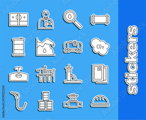 Set line Worker safety helmet, Barrel oil, CO2 emissions in cloud, Oil drop, Drop crude price, Stacks paper money cash and railway cistern icon. Vector