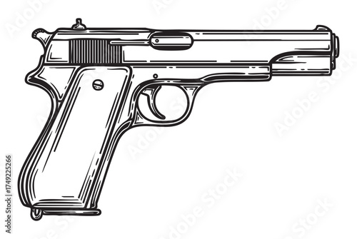 Classic Semi-Automatic Handgun Pistol Engraving Vector Illustration