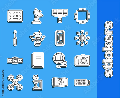Set line Keyboard and mouse, Mirrorless camera, Social network, Server, Data, Web Hosting, Robot, Screwdriver, Pills blister pack and Smartphone, mobile phone icon. Vector