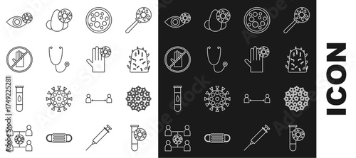 Set line Test tube with virus, Virus, Rabies, Stethoscope, No handshake, Reddish eye due to and Hand icon. Vector