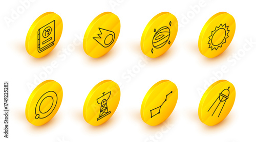 Set line Satellite, Great Bear constellation, dish, Satellites orbiting the planet Earth, Sun, Planet Venus, Comet falling down fast and Book by astronomy icon. Vector