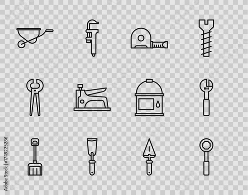 Set line Snow shovel, Wrench spanner, Roulette construction, Putty knife, Wheelbarrow, Construction stapler, Trowel and Adjustable wrench icon. Vector