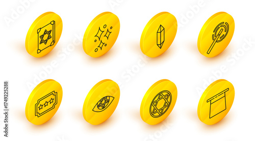 Set line Magician hat, Star of David, Pentagram, Ticket, wand, stone, Sparkle stars with magical glitter and Ancient book icon. Vector