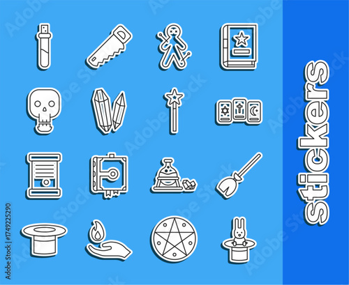 Set line Magician hat and rabbit, Witches broom, Three tarot cards, Voodoo doll, stone, Skull, Bottle with love potion and wand icon. Vector