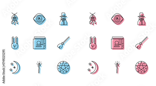 Set line Moon and stars, Magic staff, Dream catcher with feathers, Pentagram in circle, Ancient magic book, Witches broom, Rabbit ears and Hypnosis icon. Vector