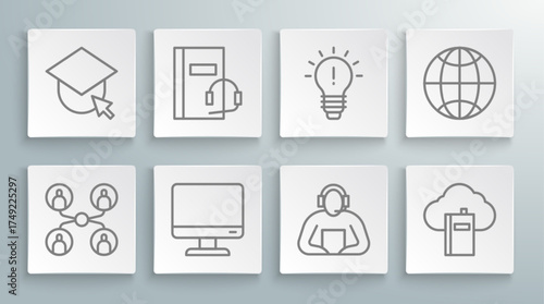 Set line Online class, Audio book, Computer monitor screen, Student, Cloud online library, Light bulb with concept of idea, Social network and Graduation cap globe icon. Vector