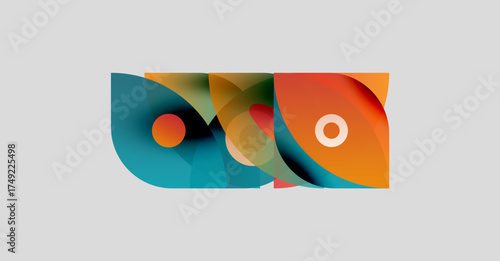 Abstract geometric shapes overlap, creating colorful design. Orange, teal, yellow hues dominate neutral background. Modern aesthetic.