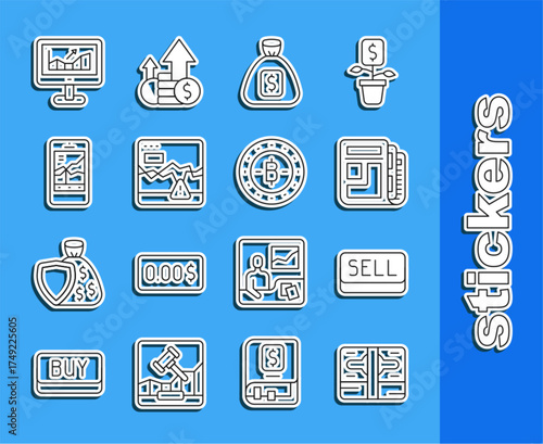 Set line Stacks paper money cash, Sell button, Stock market news, Money bag, Failure stocks, Mobile trading, Computer with growth graph and Bitcoin icon. Vector