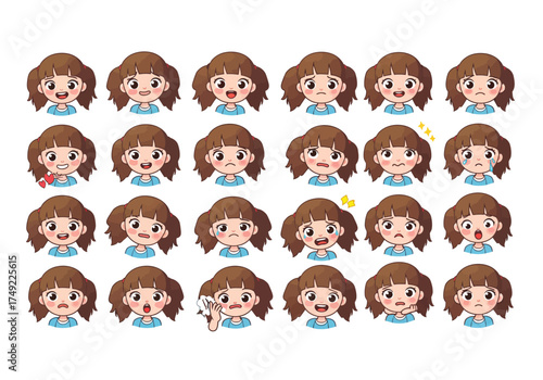 Cute cartoon girl character with a variety of facial expressions and emotions.