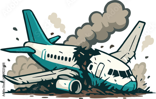 Cartoon Vector Illustration of Airplane Crash with Smoke, Debris, and Blue Accents – Dramatic Plane Acciden