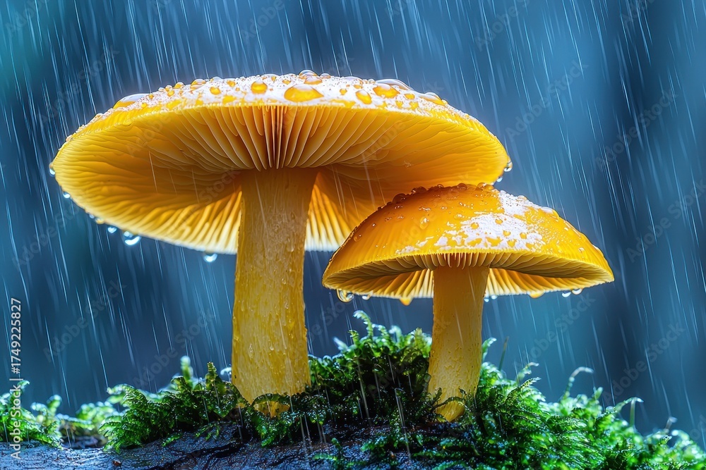 Fototapeta premium Two golden mushrooms under rain, atop mossy log