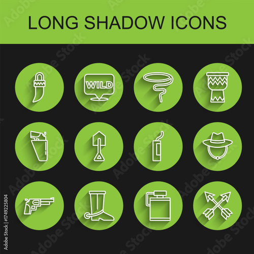 Set line Revolver gun, Cowboy boot, Tooth, Canteen water bottle, Crossed arrows, Shovel, Western cowboy hat and Dynamite bomb icon. Vector
