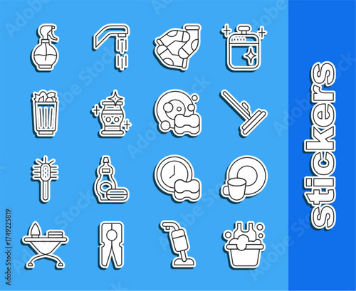 Set line Basin with soap suds, Washing dishes, Mop, Socks, Clean vase, Full trash can, Water spray bottle and icon. Vector