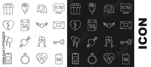 Set line Greeting card, Key heart shape, Envelope with Valentine, Heart speech bubble, Calendar February 14, Broken, Gift box and wings icon. Vector