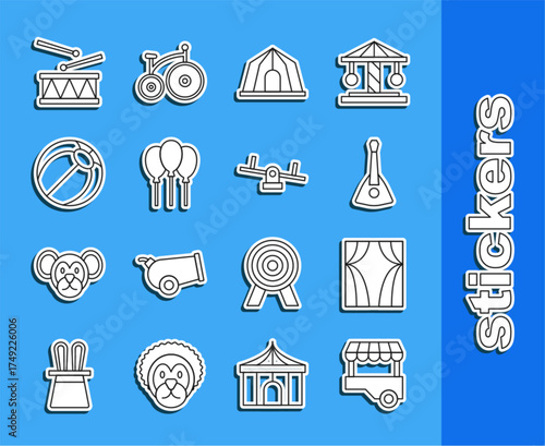 Set line Fast street food cart, Circus curtain raises, Balalaika, tent, Balloons with ribbon, Beach ball, Drum drum sticks and Seesaw icon. Vector
