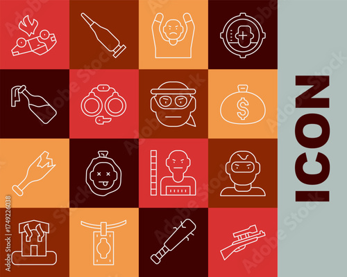 Set line Sniper rifle with scope, Thief mask, Money bag, surrendering hands up, Handcuffs, Cocktail molotov, Burning car and Bandit icon. Vector