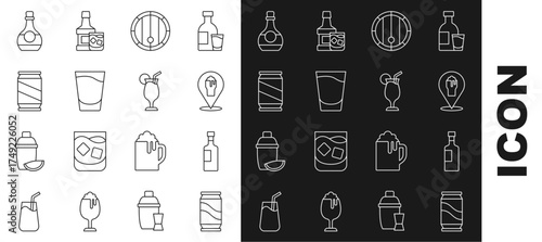 Set line Beer can, Wine bottle, Alcohol or beer bar location, Wooden barrel, Shot glass, Bottle of cognac brandy and Cocktail icon. Vector