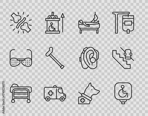 Set line Stretcher, Disabled wheelchair, Patient with broken leg, Emergency car, Joint pain, knee pain, Walking stick cane, Guide dog and elevator icon. Vector