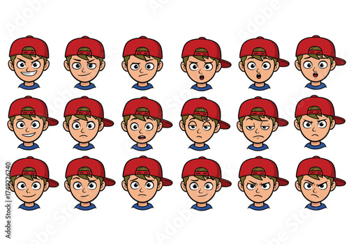 Cartoon boy character head with a set of different facial expressions.