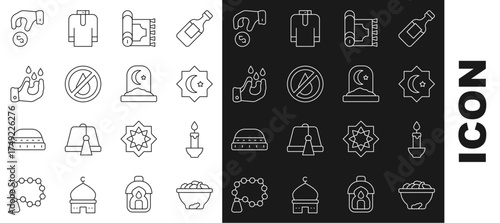 Set line Date fruit in bowl, Burning candle, Octagonal star, Traditional carpet, No water, Wudhu, Donate or pay your zakat and Muslim cemetery icon. Vector