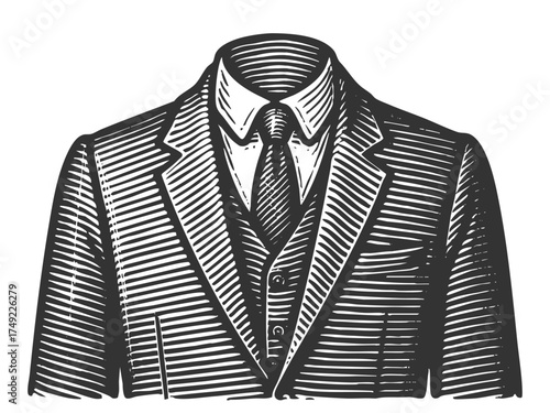 headless businessman suit and tie, symbolizing loss of identity, conformity, or anonymity sketch engraving generative ai fictional character vector illustration. Scratch board. Black and white image.
