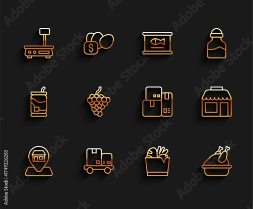 Set line Location Market store, Hand truck and boxes, Electronic scales, Shopping bag food, Roasted turkey chicken, Grape fruit, and Cash register machine icon. Vector