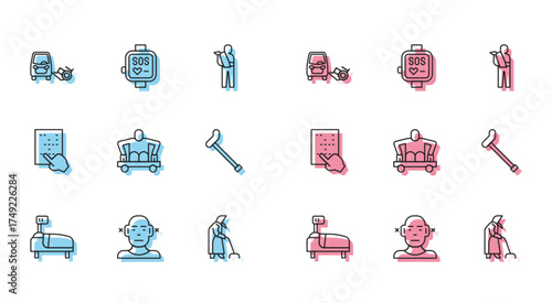 Set line Hospital bed, Deaf, Disabled car, Grandmother, Man without legs sitting wheelchair, Walking stick cane, Braille and Smart watch icon. Vector
