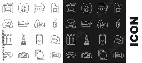 Set line Oil tank storage, Word oil, Gasoline pump nozzle, Petrol gas station, tanker ship, for vehicle, Canister motor and drop icon. Vector