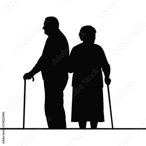 Creative design vector art of silhouette of an elderly couple standing together with walking canes