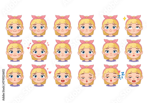 Set of cute blonde girl facial expressions and emotions.