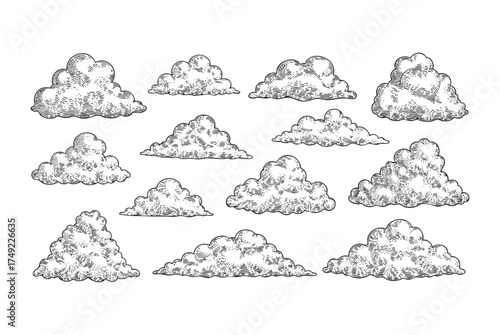 Cloud Set, a Collection of Hand-Drawn Cumulus and Stratus Clouds engraving vector illustration